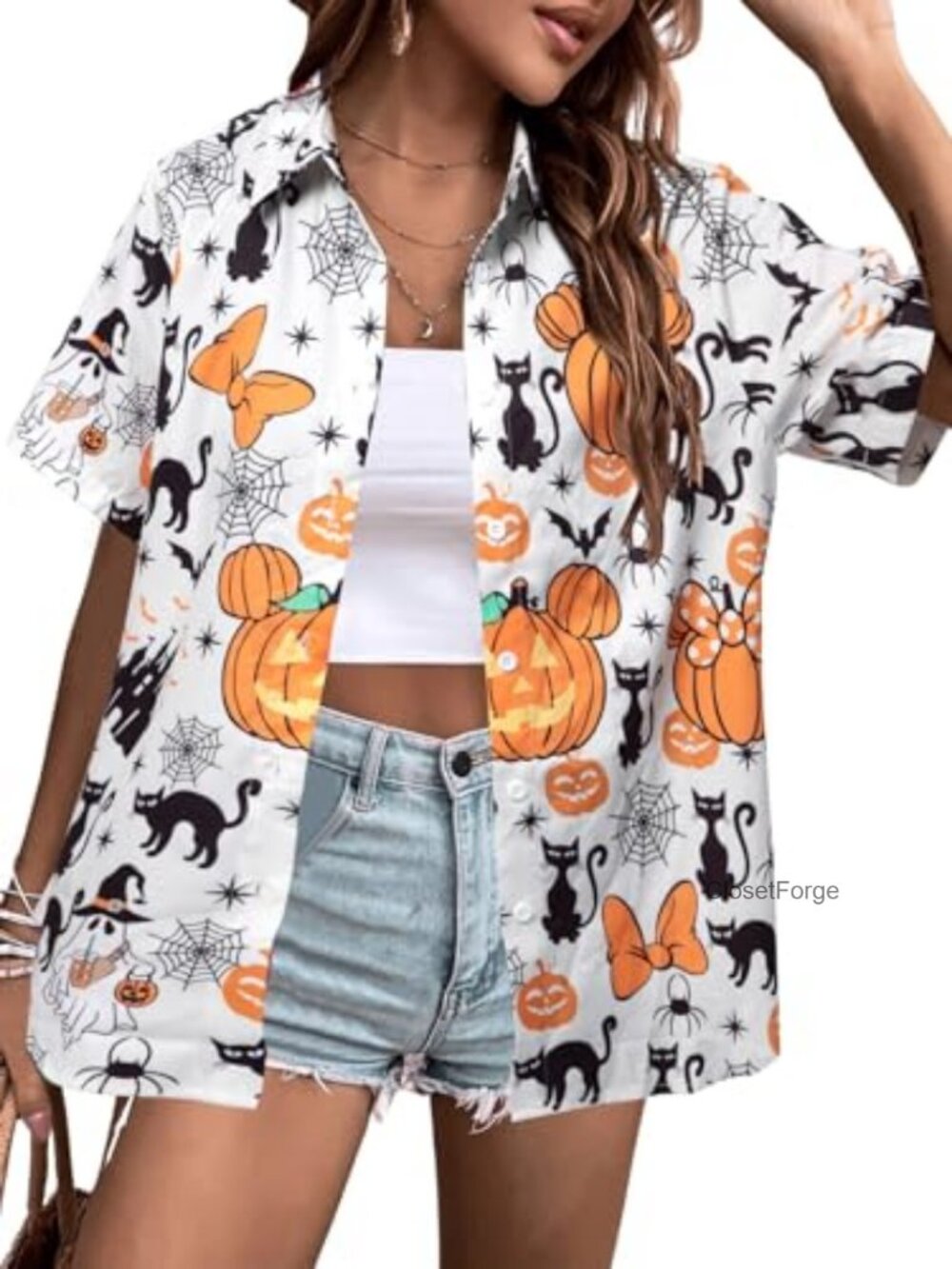 Women's Halloween Hawaiian Shirt Button Up Blouse Short Sleeve